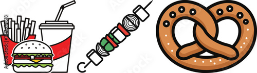 Flat Design Food Illustration Set: Burger, Fries, Skewer, and Pretzel