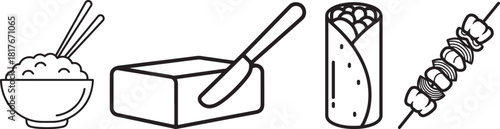 Outline Food Icon Set with Rice Bowl, Butter, Burrito, and Kebab