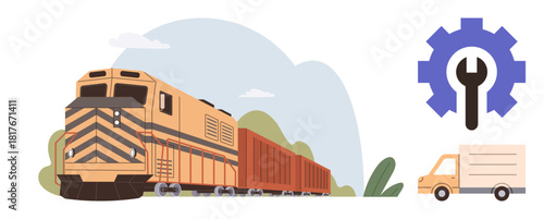 Freight train on tracks, delivery truck, and gear with wrench symbolizing transportation, repair, logistics, supply chain, industrial maintenance, cargo handling, and infrastructure in a simple flat