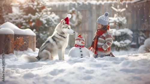 A vivid winter scene featuring a husky dog dressed in festive attire amidst snow. The dog is adorned with a Santa hat, and its fur is a mix of white and gray.