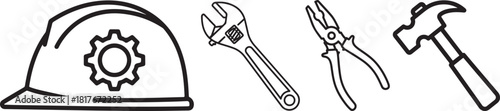 Industrial Tools and Safety Equipment Black Line Art Vector Icons