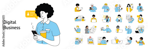 a digital illustration set featuring modern thin line style icons ideal for corporate presentations, marketing reports, user interface designs, layouts, product packaging, and professional.