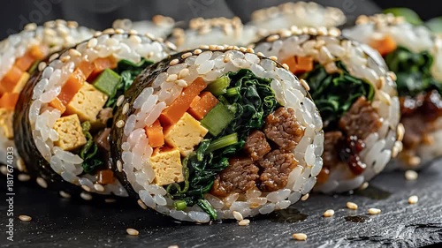 Delicious Kimbap A Colorful and Appetizing Close-Up of Korean Sushi Rolls on a Dark Surface