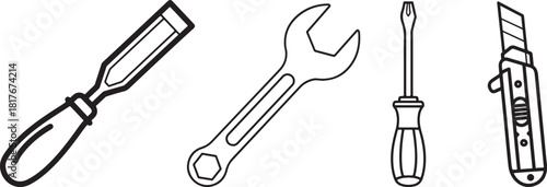 Simple Black Outline Icons of Various Hand Tools on White Background