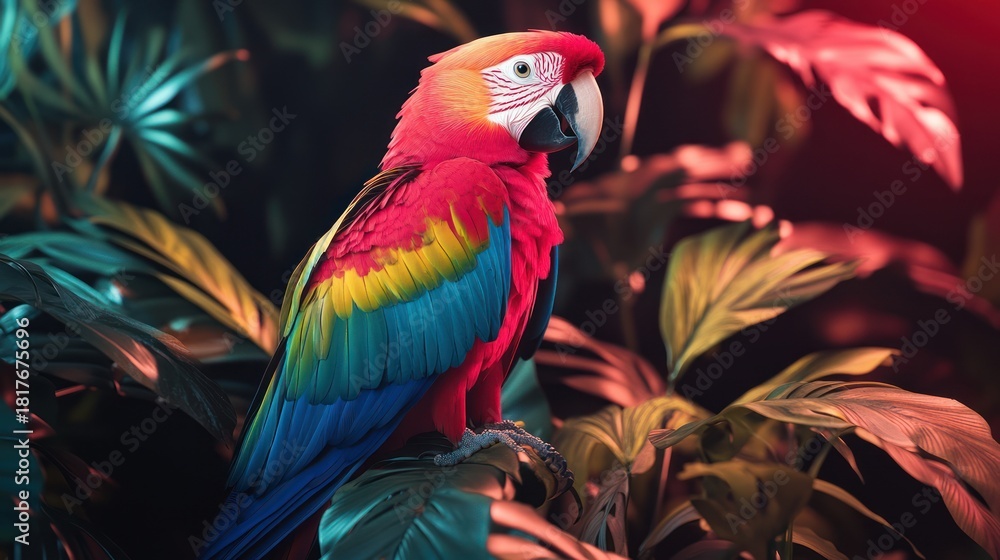 Fototapeta premium Colorful macaw in tropical foliage; vibrant scene for nature lover