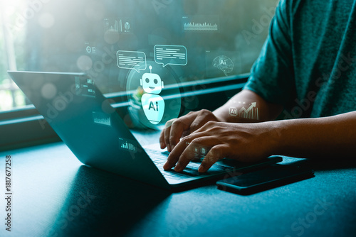 Artificial intelligence chatbot assistant on laptop computer with digital AI robot icon, virtual conversation technology, machine learning, customer support, automation, smart data analysis concept