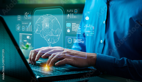 Artificial intelligence brain interface concept with digital hologram of AI neural network, futuristic data visualization representing deep learning, innovation technology, machine intelligence system