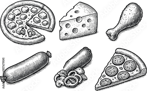 Vintage hand drawn pizza slice, cheese block, sausage and chicken drumstick food illustration set