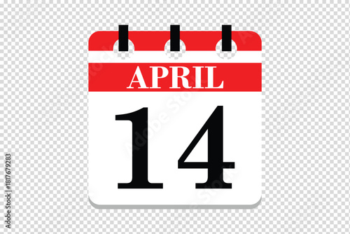 14 April Calendar icon vector, 14 dates of April month calendar icon, dates of April 14 icon calendar, vector calendar icon.