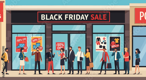 Black Friday Sales Frenzy: A bustling crowd gathers outside a store, anticipating the allure of discounted deals and the vibrant energy of the annual shopping extravaganza.