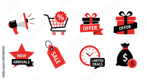 Set of e-commerce icons for sale, promotion, offer, shopping, new arrivals, and limited deals