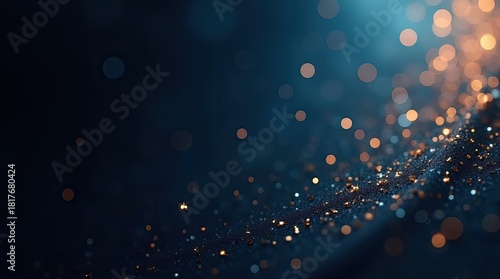 Dark Blue Abstract Background with Golden Glitter and Bokeh Lights