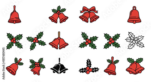 A festive collection of Christmas jingle bell and holly berry icons, perfect for holiday season decorations and winter celebration designs