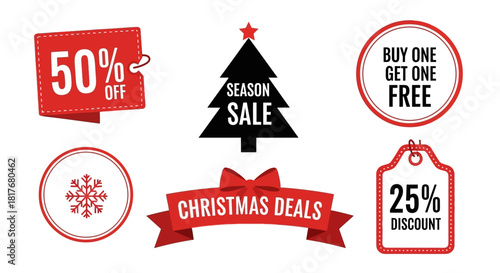 Set of Christmas sale tags and labels for holiday shopping promotions, featuring discounts and special offers