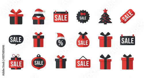Festive Christmas Sale Icons Gift Boxes, Santa Hats, and More for Holiday Promotions