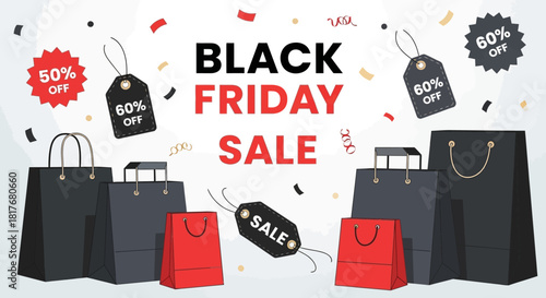Black Friday Sale: Illustration showcasing a collection of shopping bags, price tags and discount tags and confetti against a vibrant background, signifying a highly anticipated sales event.