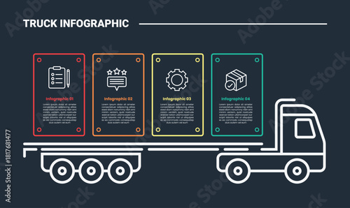 truck logistics transportation infographic process diagram with long truck with vertical box container on behind with dark background bright outline style 4 point