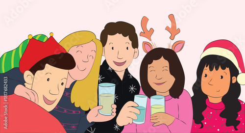 Multicultural Group of Friends Celebrating Christmas Flat Vector Illustration