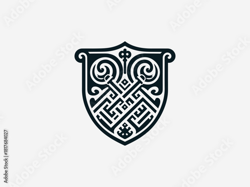 Intricate interwoven golden keys crest black vector logo with detailed heraldic shield for security company identity
