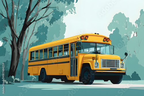Classic Yellow School Bus Parked by Lush Green Trees