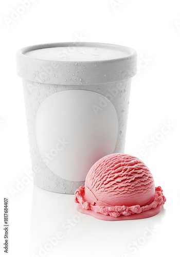 Delicious strawberry ice cream scoop next to a blank pint, perfect for branding, labels, packaging designs, and tempting dessert promotions