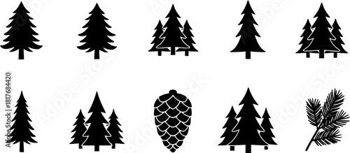 Pine icon set. Fir tree vector set.
