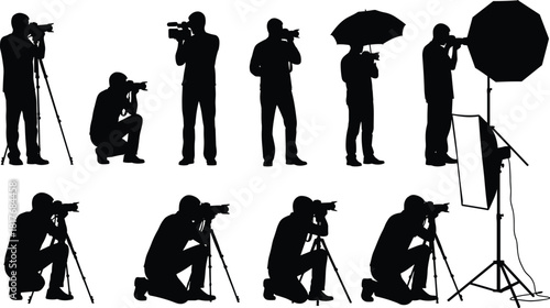 Large Collection of Professional Photographer Silhouettes Vector Illustration Set, Featuring Men with Cameras, Tripods, and Studio Lighting Equipment, Ideal for Media and Creative Content