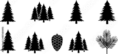 Pine icon set. Fir tree vector set.
