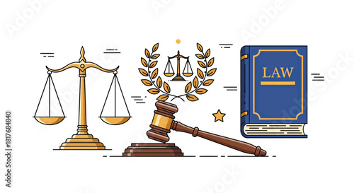 Legal justice system concept with law book and gavel.