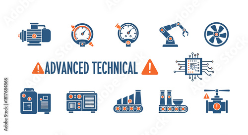 Advanced Technical Industrial Equipment and Machinery Icons Set.