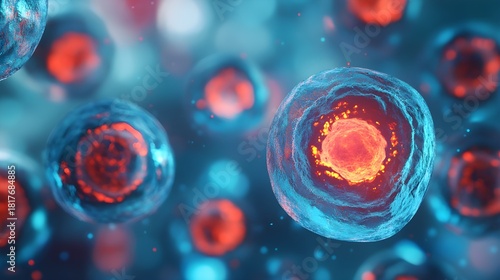 Microscopic view of glowing biological cells with vibrant red nuclei in a blue fluid