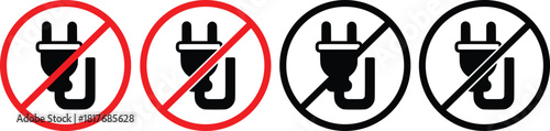 No Electric Plug Warning Icons – Power Restriction, Prohibited Socket and Safety Sign Vector Set