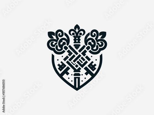 Intricate interwoven golden keys crest black vector logo with detailed heraldic shield for security company identity