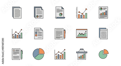 A comprehensive set of business and data analysis icons, featuring documents, charts, and financial reports for professional use.