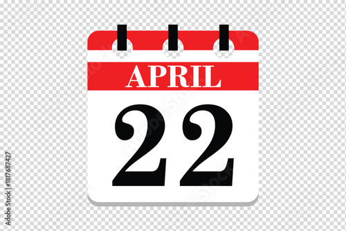 22 April Calendar icon vector, 22 dates of April month calendar icon, dates of April 22 icon calendar, vector calendar icon.