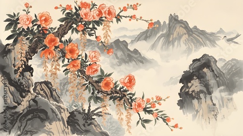 A traditional Chinese painting flowers and mountain 