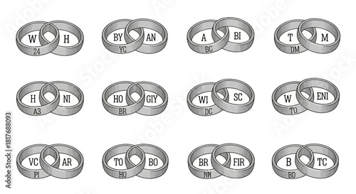 Twelve pairs of interlocking rings with various letter inscriptions, possibly representing a word puzzle or symbolic connections.