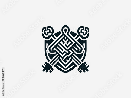 Intricate interwoven golden keys crest black vector logo with detailed heraldic shield for security company identity