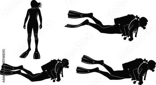 Scuba Diving and Snorkeling Silhouettes Vector Illustration Set, Featuring Swimmers with Fins, Tank, and Mask, Ideal for Water Sports, Ocean, and Adventure Graphics