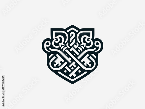 Intricate interwoven golden keys crest black vector logo with detailed heraldic shield for security company identity
