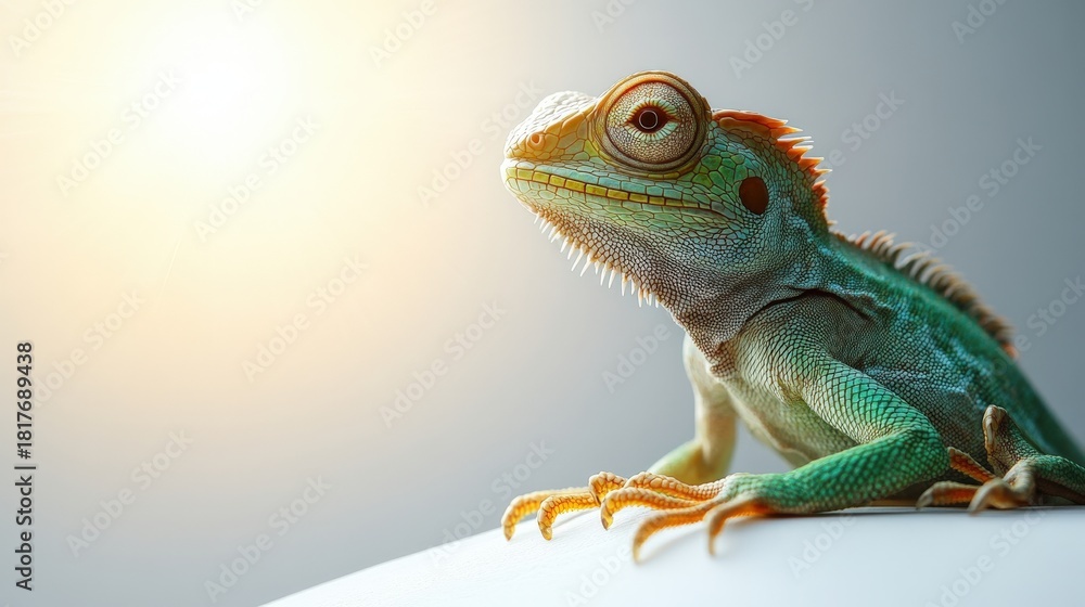 Obraz premium A vividly colored lizard with yellow markings rests on a polished surface, its focused gaze suggesting curiosity and observation. A striking reptilian subject.