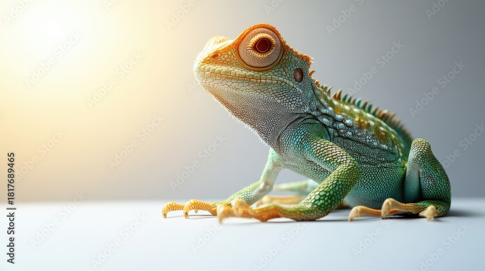Obraz premium A captivating close-up shot of a green lizard with orange markings, highlighting its textured scales and attentive eyes. Soft lighting accentuates the detail and vibrancy of the reptile's features.