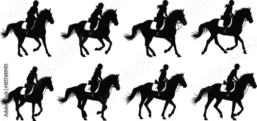 Set of Equestrian Sports Silhouettes Vector Illustration, Featuring Riders and Horses in Different Gaits, Ideal for Horseback Riding, Racing, and Polo Graphics