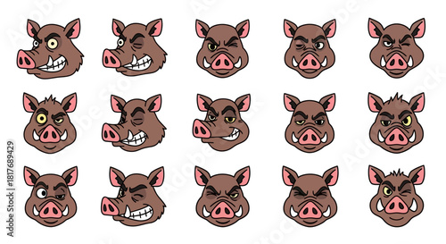 A collection of 15 cartoon wild boar and warthog faces displaying various expressions, from angry and winking to smiling and surprised, on a white background.