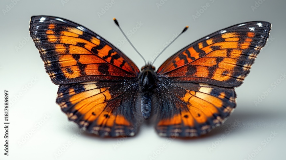 Naklejka premium A vibrant butterfly with orange and black wings rests on a smooth surface. The butterfly's delicate structure is emphasized by a muted background, creating a visually striking image.