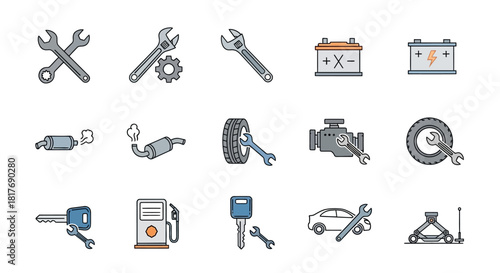A comprehensive set of automotive repair and car maintenance icons, featuring tools, vehicle parts, and service symbols.