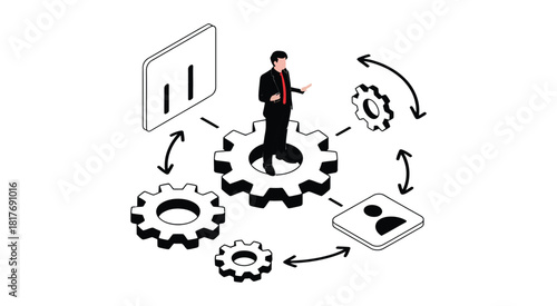 business process automation concept in isometric style with mechanical gear symbols and analytical data visualization graphics, suitable for business consulting materials workflow redesign campaigns.