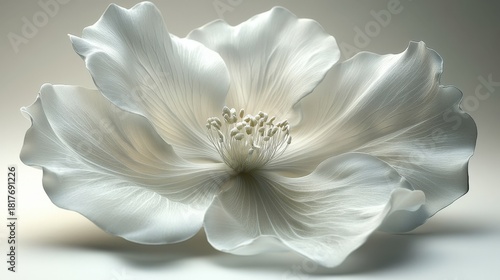 A close-up shot of a pristine white flower showcasing delicate petals and a central cluster of nascent buds. The image captures the flower's natural beauty and intricate details.