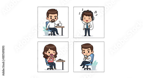 A collection of four cartoon illustrations depicting office workers in various situations and moods.