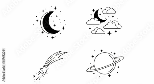 A collection of four minimalist space-themed icons in black line art, including a moon, planet, and shooting star.
